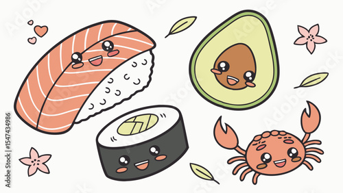 Cute Kawaii Cartoon Japanese Food Illustration with Happy Salmon Sushi Nigiri Maki Roll Avocado Adorable Crab Characters Flowers Leaves Hearts
