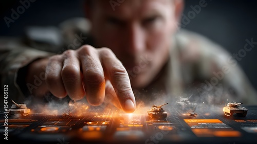 A military officer closely examining a tactical map planning combat strategy and movements during a military crisis or battle scenario