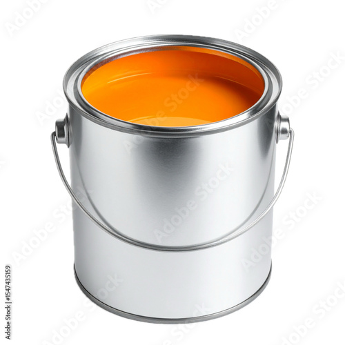 Open Paint can with orange paint isolated on white