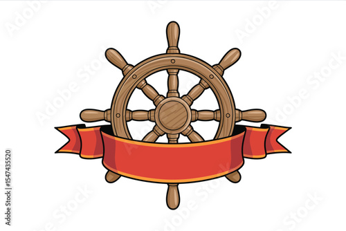 Wooden Ship Wheel with Red Ribbon Banner for Design