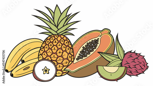 Vibrant flat illustration of a fresh tropical fruit collection with whole pineapple, ripe bananas, sliced papaya, exotic dragon fruit, kiwi, and star fruit.