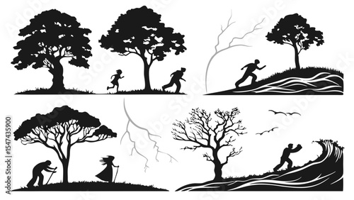 Black and white silhouette vector illustrations showcasing people, trees, hills, and waves, symbolizing nature, life stages, and struggle.