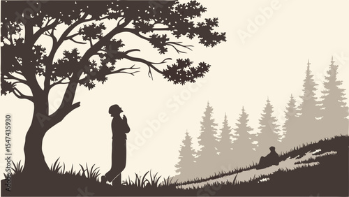 Vintage sepia silhouette illustration of a solitary man walking under a large tree, head bowed in contemplation, with a distant pine forest and hills.