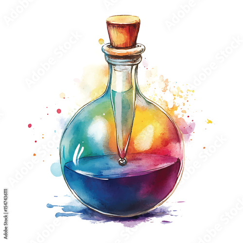 Watercolor illustration of alchemist potion bottle with cork and colorful liquid on transparent background