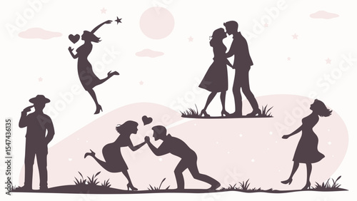 Romantic Silhouettes Vector Illustration of Happy Couples in Love Relationships Kissing Hugging and Dancing with Hearts and Stars