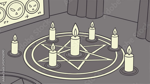 Grayscale cartoon illustration of a dark occult ritual room. A large lit pentagram on the floor is surrounded by multiple burning candles, mystic symbols on the wall.
