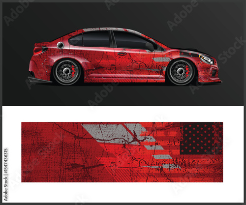 Red Car Wrap Design with Distressed American Flag Theme for Vehicle Graphics