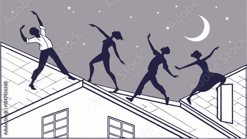 Four joyful people dance energetically across moonlit rooftops under a starry night sky. Graphic black and white illustration of freedom and movement.