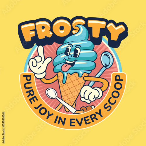 Cute Ice Cream Cartoon Characters in Retro 70s Illustration