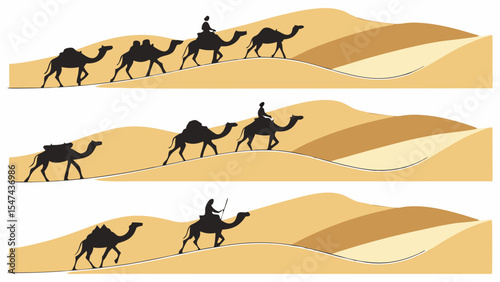 Desert Camel Caravan Journey Illustration Three Panels Arabian Sand Dunes Trekking Graphic Art Vector Design Middle Eastern Travel Scene