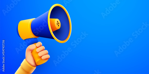 3d hand holding megaphone speaker or loudspeaker bullhorn for announce. Social media promotion