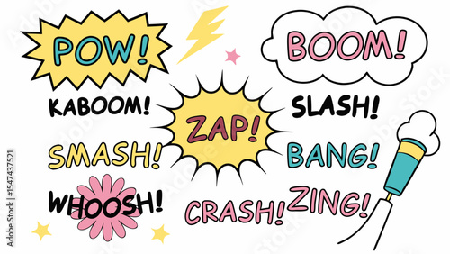 Vibrant pop art comic sound effects illustration with onomatopoeia words POW ZAP BOOM BANG in colorful dynamic speech bubbles and explosion bursts.