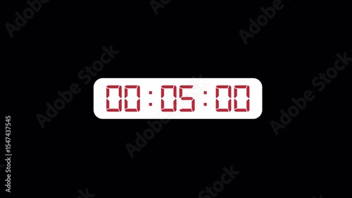 One minute digital countdown timer stopwatch animation from 60 to 0 seconds on transparent background with minutes, seconds, miliseconds, Countdown video with alpha channel.