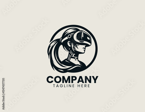 VR gamer woman profile vector logo design showcasing female avatar immersed in virtual reality experience with minimal style