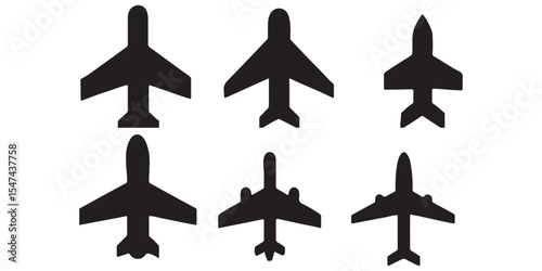 Airplane vector icon set in black and blue colors. Plane icons set in flat filled style. Transportation and travel symbol.