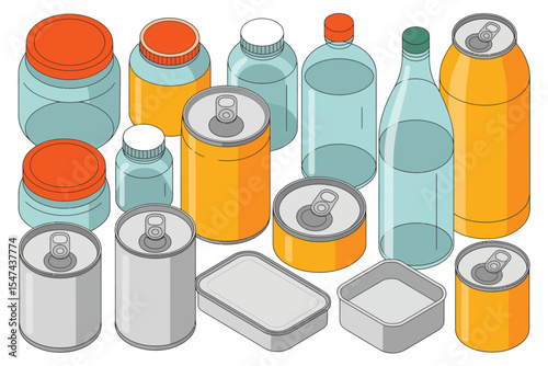Assortment of Canned Goods and Bottles Isometric Illustration