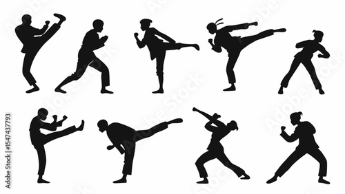 Collection of Dynamic Martial Arts Silhouettes Vector Set Black and White Action Fighters Practicing Kicks and Punches Self Defense Training Poses for Combat Sports