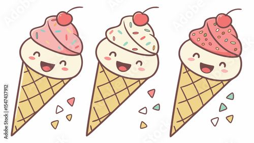 Three adorable happy cartoon ice cream cones with colorful sprinkles and red cherries on crisp waffle cones. Cute kawaii dessert illustration with falling pastel sprinkles.