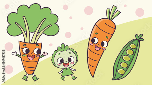 Adorable cartoon vegetables illustration with happy anthropomorphic carrots, a cheerful green veggie character, and a smiling pea pod on a whimsical pastel background for kids.