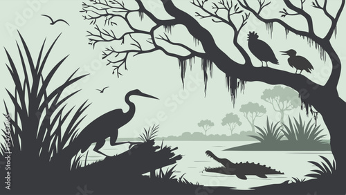 Detailed silhouette vector illustration of a swamp wetland ecosystem with a heron, alligator, and vultures in a natural wildlife scene