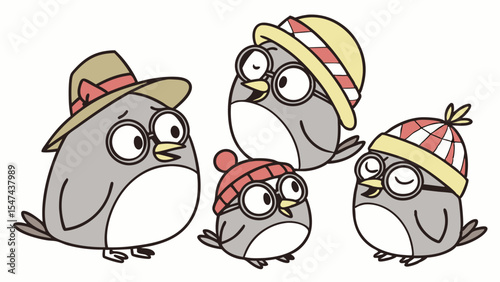 Adorable grey and white cartoon birds with glasses and various hats including a fedora, striped bucket hat, and knitted beanies, in the whimsical animated illustration.