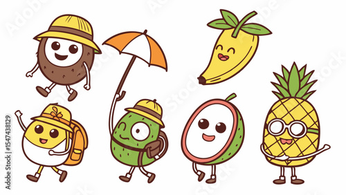 Adorable cartoon anthropomorphic tropical fruits and an egg character on an adventure. Coconut, avocado, banana, pineapple with hats, backpacks, umbrella, vector art.