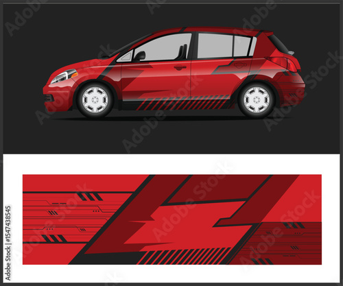 Modern Red Car Wrap Design with Geometric and Striped Patterns