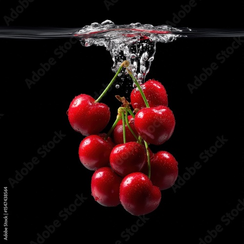 A bunch of ripe cherries, with water droplets, falling into a deep black water tank, creating a colorful contrast and intricate splash patterns. Created Using: underwater photography, contrast