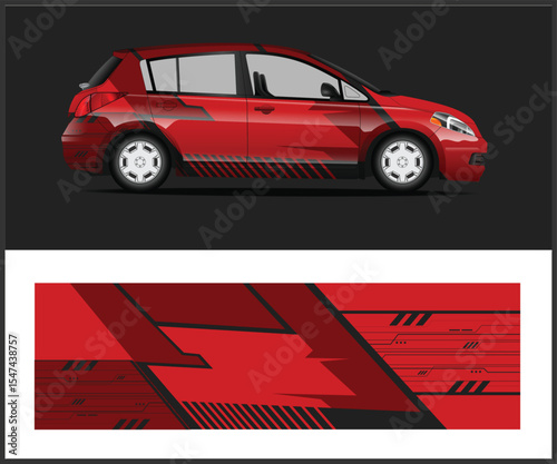 Red Hatchback Car with Modern Geometric Graphics and Vinyl Wrap Design