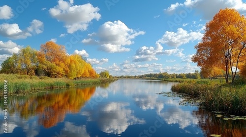Autumn River Reflection Golden Trees and Blue Sky