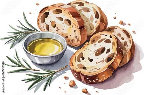 A watercolor illustration of rustic artisan bread slices with a small bowl of olive oil, rosemary sprigs, and scattered crumbs, isolated on a white background