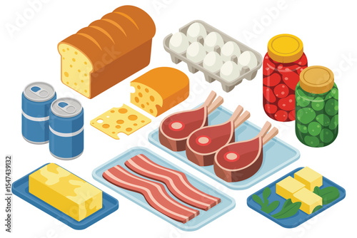 Assorted Groceries and Food Items Isometric Illustration