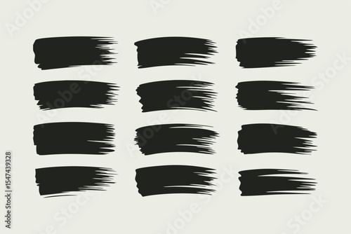 Array of Twelve Black Brush Strokes on Light Grey Background, Grunge Style, Art
