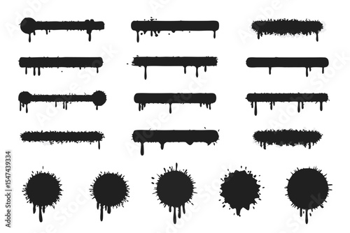 Variety of Black Spray Paint Drips and Splatters in Lines and Circle Shapes on White