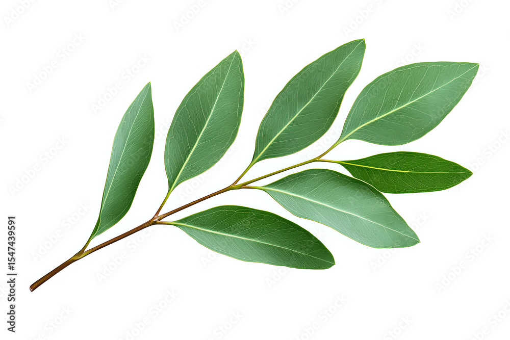 Obraz premium Fresh green bay laurel branch with seven leaves isolated on white background. Culinary herb and aromatic spice for cooking and food decoration.