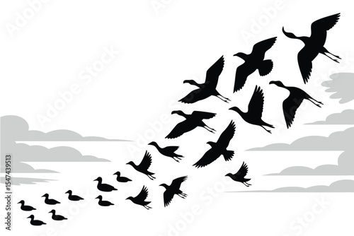 Black Silhouette of Birds Flying Formation Against White Background with Light Gray Clouds