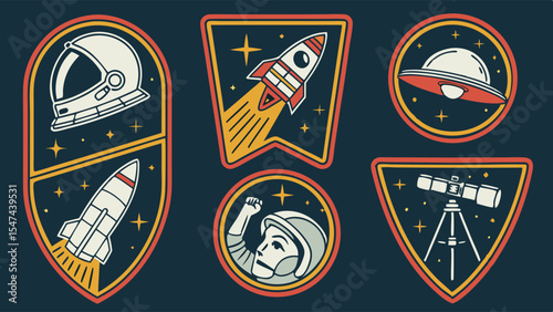 Vintage Retro Space Exploration Patches Collection Astronaut Helmet, Rocket, UFO, Telescope, and Empowering Female Astronaut Badges Illustration
