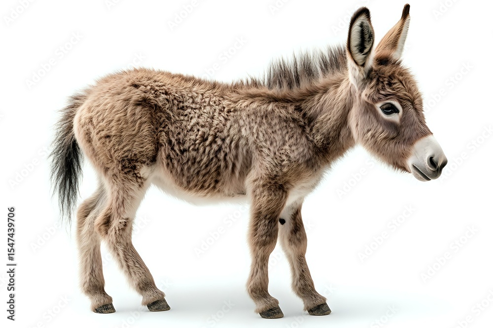 Fototapeta premium Young miniature donkey with fluffy brown coat standing in profile view on white background, isolated cutout for design and commercial use.