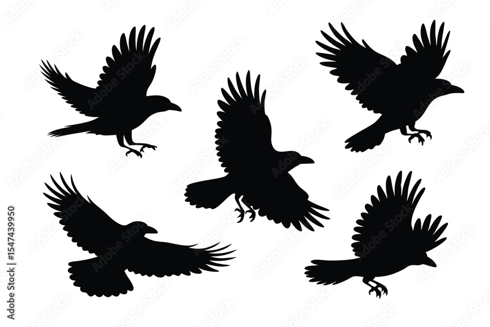 Obraz premium Five Black Raven Silhouettes Soaring Against a White Background, Wings Spread in Flight