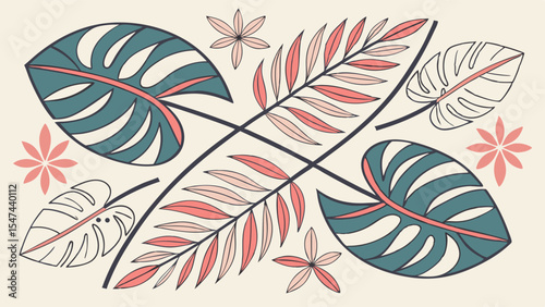 Vibrant modern botanical illustration featuring abstract tropical leaves and flowers. Teal monstera, coral palm fronds, and pink blossoms create a stylish pattern on cream.