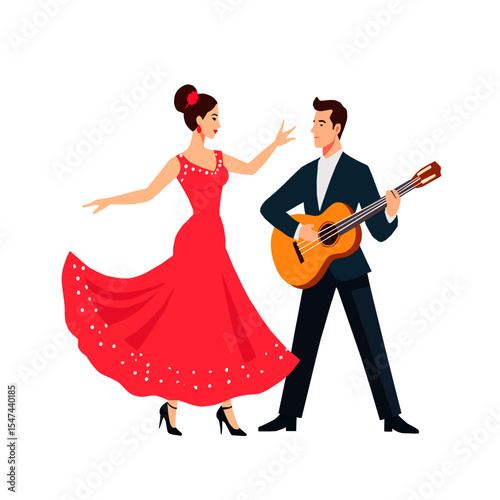 Vector illustration of a flamenco dancer in a red dress performing with a guitarist. Spanish culture and traditional music concept. Isolated on white background.