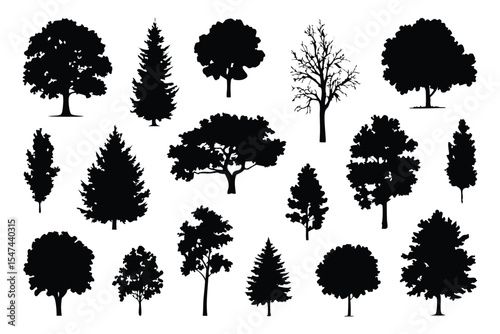 Silhouette Collection Diverse Black and White Tree Illustrations for Design and Nature Art