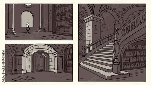 Mysterious Old Library Interior Illustration featuring Grand Staircase, Arched Stone Doorways, and Extensive Book-Lined Walls. Gothic Art.