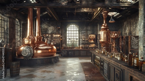 Distillery Interior Rustic room with copper stills, wooden bar, bottles, and arched window