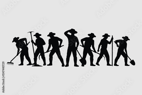Silhouette of Farmers Working Together with Various Tools Like Rake, Shovel and Pickaxe Wearing Hats