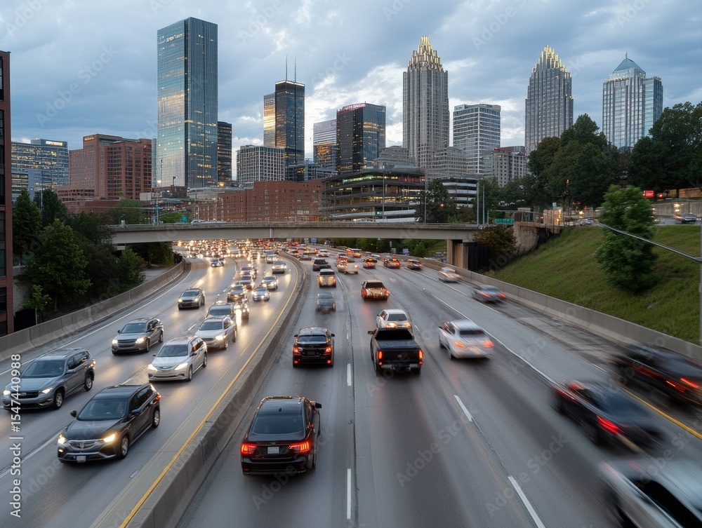 Naklejka premium Cars driving on busy highway with city skyline at dusk