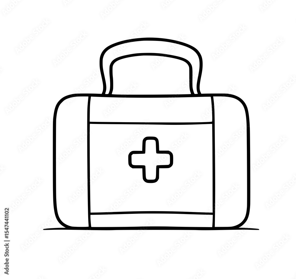 Obraz premium First Aid Kit: A simple line art illustration depicts a classic medical kit, featuring a bold black outline and a prominent red cross symbol on a white background.