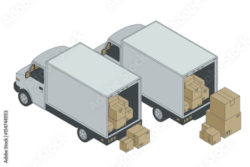 Two Delivery Trucks Unloading Cardboard Boxes