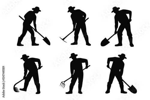 Silhouetted Farmers Gardening with Shovels, Rakes, and Pitchforks Agricultural Worker Illustrations Collection