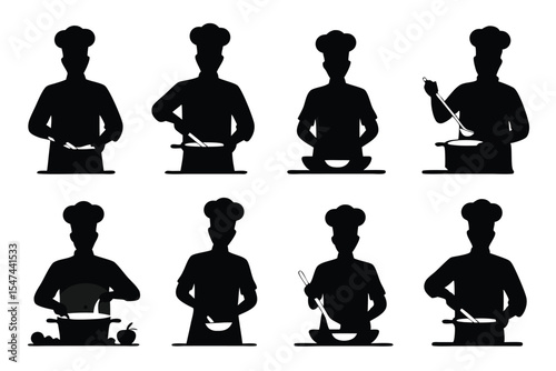 Silhouettes of Chefs Preparing Food in Pots and Bowls with Various Utensils